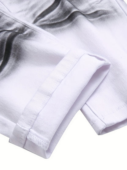 Men'S Print Jeans Stretch Casual Slim Long Casual Pants | Mid Waist, Regular Fit, Zipper Fly, All-season, Washed Detail