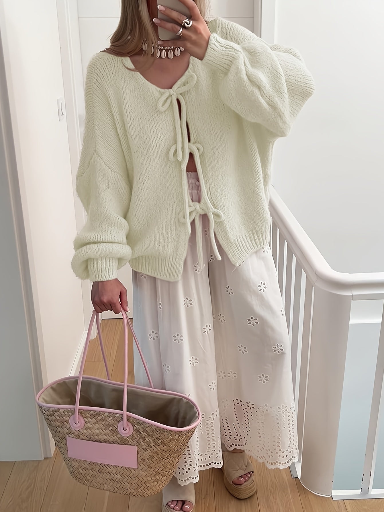 Women'S Oversized Bowtie Sweater Cardigan with Y2K Vibe Long Sleeves V Neck Open Front Casual Wear