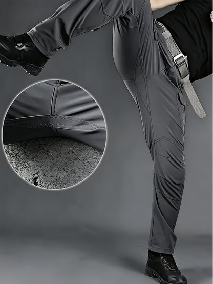 2pcs, Men's Lightweight Tear-resistant Work Hiking Pants with 9 Pockets | Elastic Waist, Non-Elastic Fabric, Solid Color, Ideal for Outdoor Activities Such as Mountaineering, Rock Climbing, Camping, Fishing, Hunting