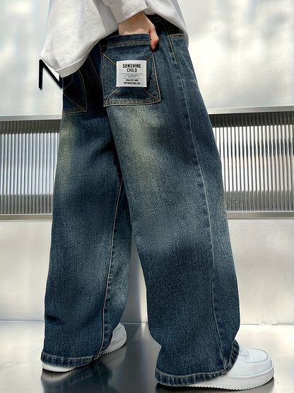 Boys' Vintage Distressed Denim Wide-Leg Pants with Frayed Hem & Functional Pockets - Loose Fit Machine-Washable Spring/Fall Casual Trousers for Kids, Spring Fall Clothing | Retro Children's Fashion | Comfortable Fabric