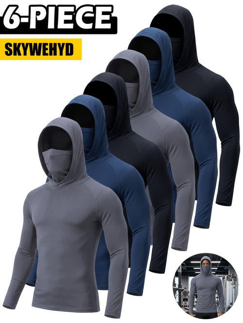 6pcs Men's Outdoor Hoodie with Windproof Face Shield Design, Shaping Body, Breathable And Quick Drying, Essential T-shirt for Outdoor Travel, Fishing, Outdoor Exploration, And Exercise.