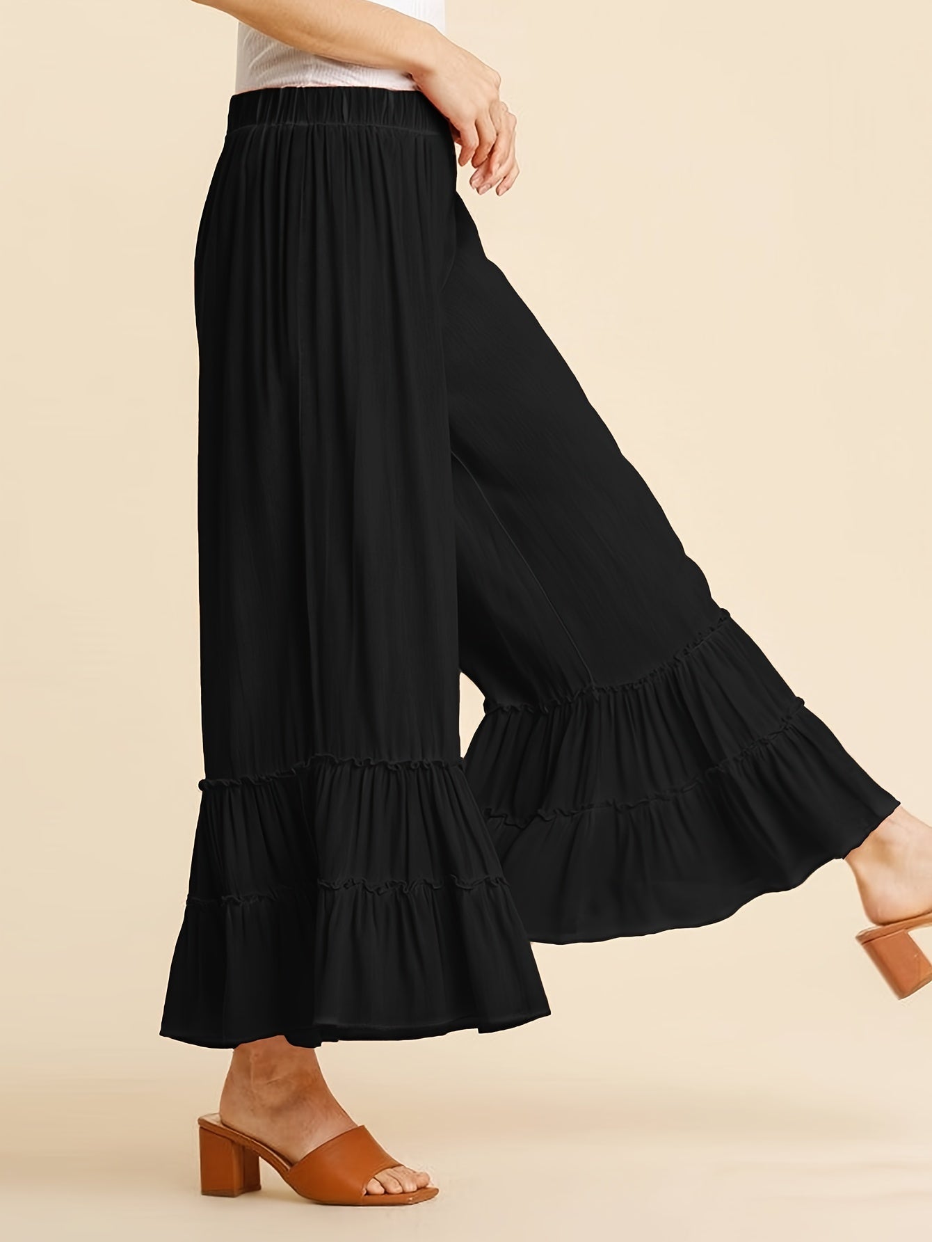 Women's Palazzo Pants For Elastic High Waisted Wide Leg Ruffle Ruched Loose Beach Trousers