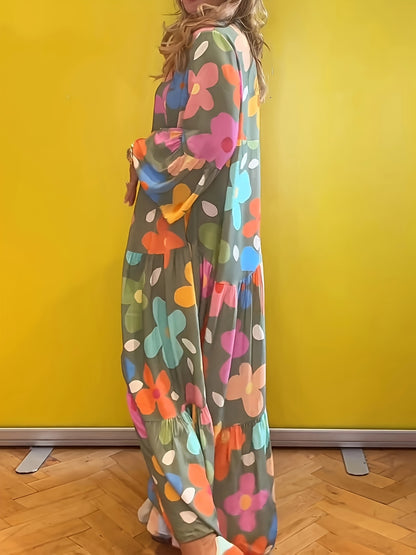 Women Floral Print Boho V Neck Maxi Dress, Layered Design, Button Closure, 3/4 Flared Ruffle Sleeves, Super Loose Fit