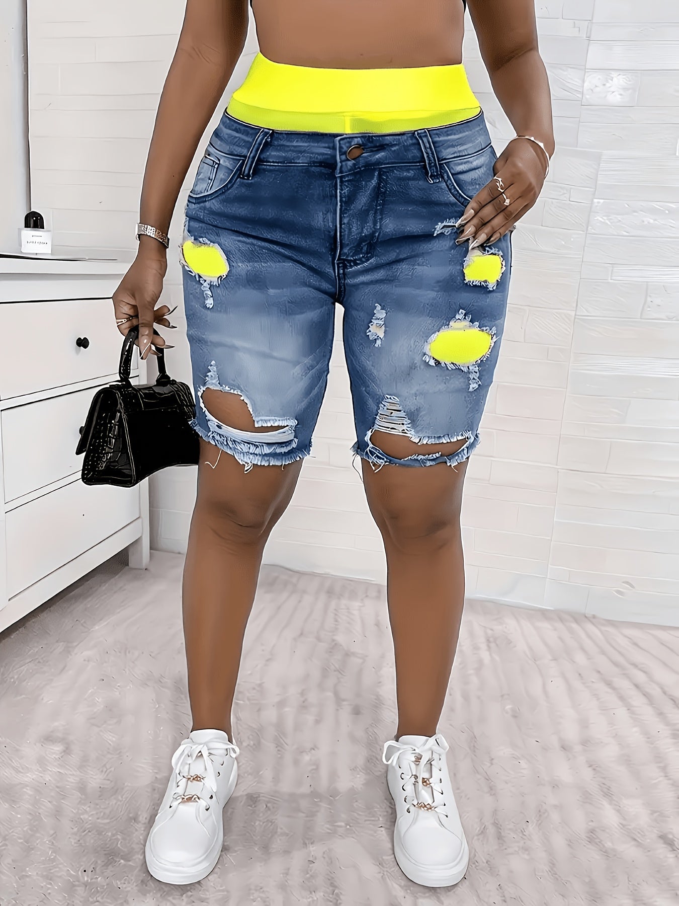 Denim Shorts, Color Block Printed Ripped Shorts/w Fitness Running Shorts