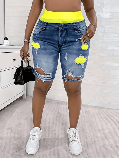 Denim Shorts, Color Block Printed Ripped Shorts/w Fitness Running Shorts