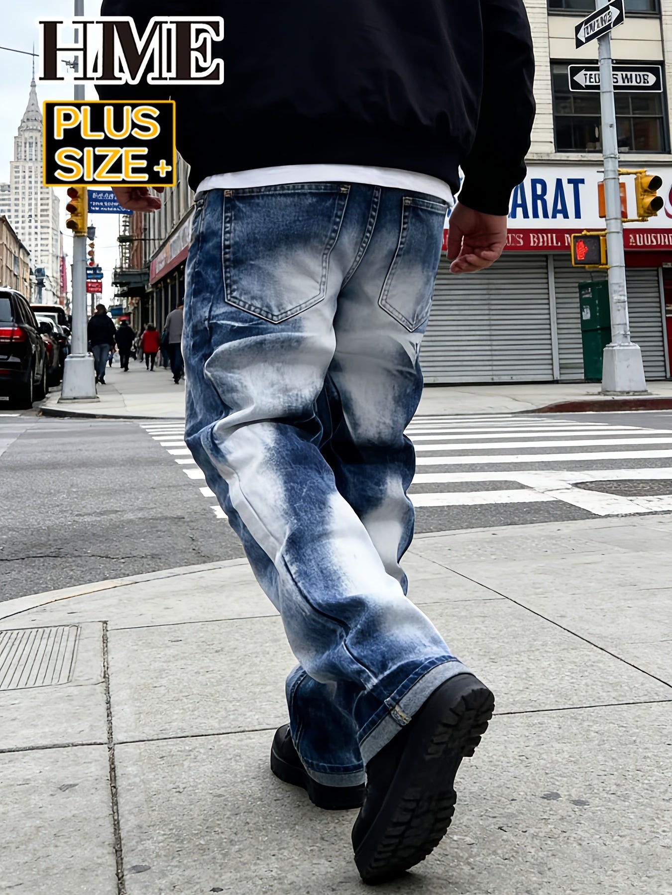 [HME]Men's Plus Size Denim Pants, Slim-Fit Straight Cuts, Extra Large & Wide Sizes 1XL-6XL for Big Guys, Perfect for Outdoor, Casual, And Daily Wear, Trendy Street Style, Distressed Washed Denim, PLUS SIZE