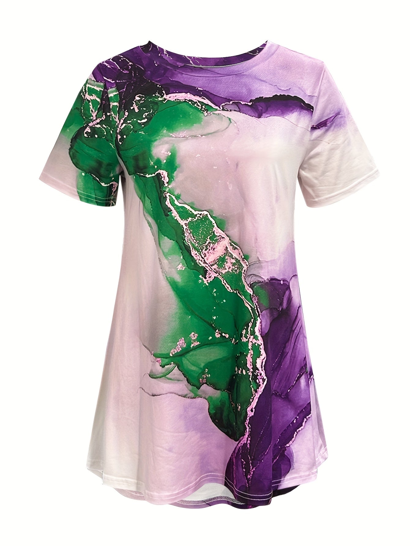 Women's Casual Short Sleeve T-Shirt - Artistic Floral Print, Relaxed Fit, Machine Washable, Spring Summer Fall Versatile Top, Casual Attire | Durable Print Shirt, Ladies T Shirts