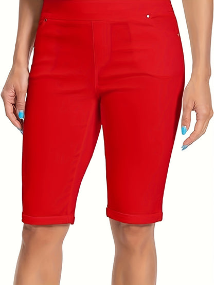 Women's Stretchy Pull On Bermuda Shorts High Waist Office to Vacation Pants, Non See Through Fabric, Machine Washable with 5 Pockets & Cuffed Hem for Everyday, Formal Events Elegant Casual All Season Shorts
