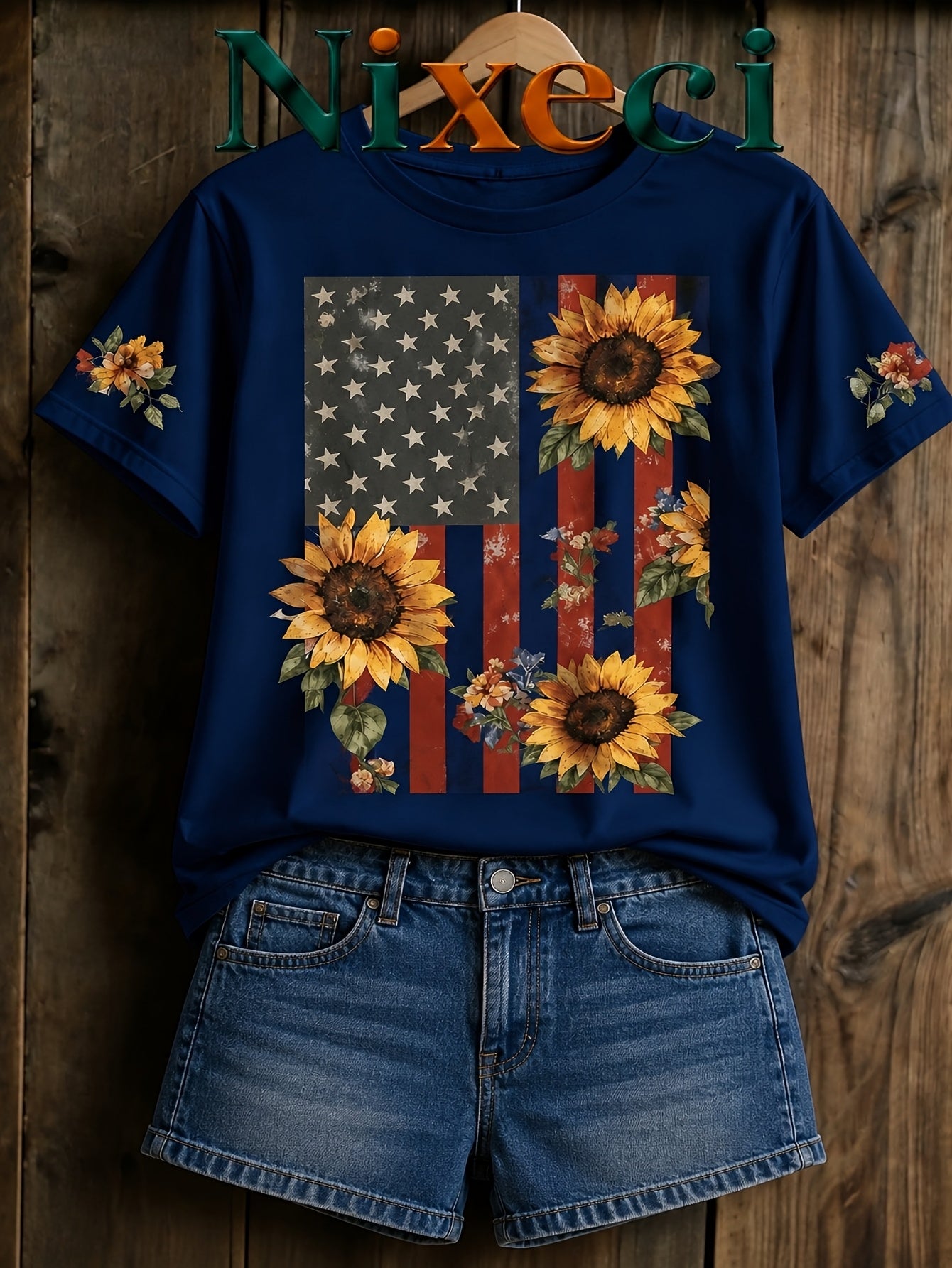 Nixeci Brand Men's Novelty Sleepwear Flag Sunflower Floral Graphic Cotton T-Shirt, Casual Graphic Tee for Summer Outfit, Streetwear Casual Attire, Trending Gift Idea