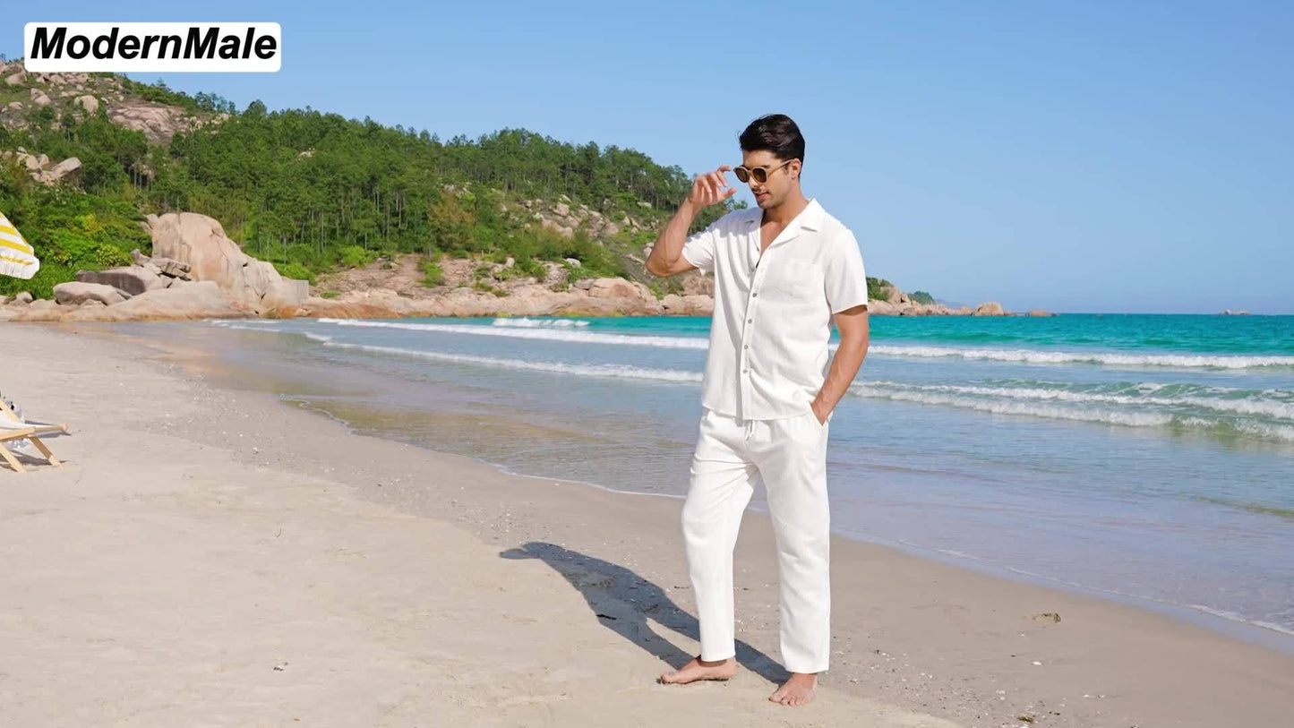 Men 2pcs Linen Outfit Beach Button- Shirt Casual Loose Pant Sets