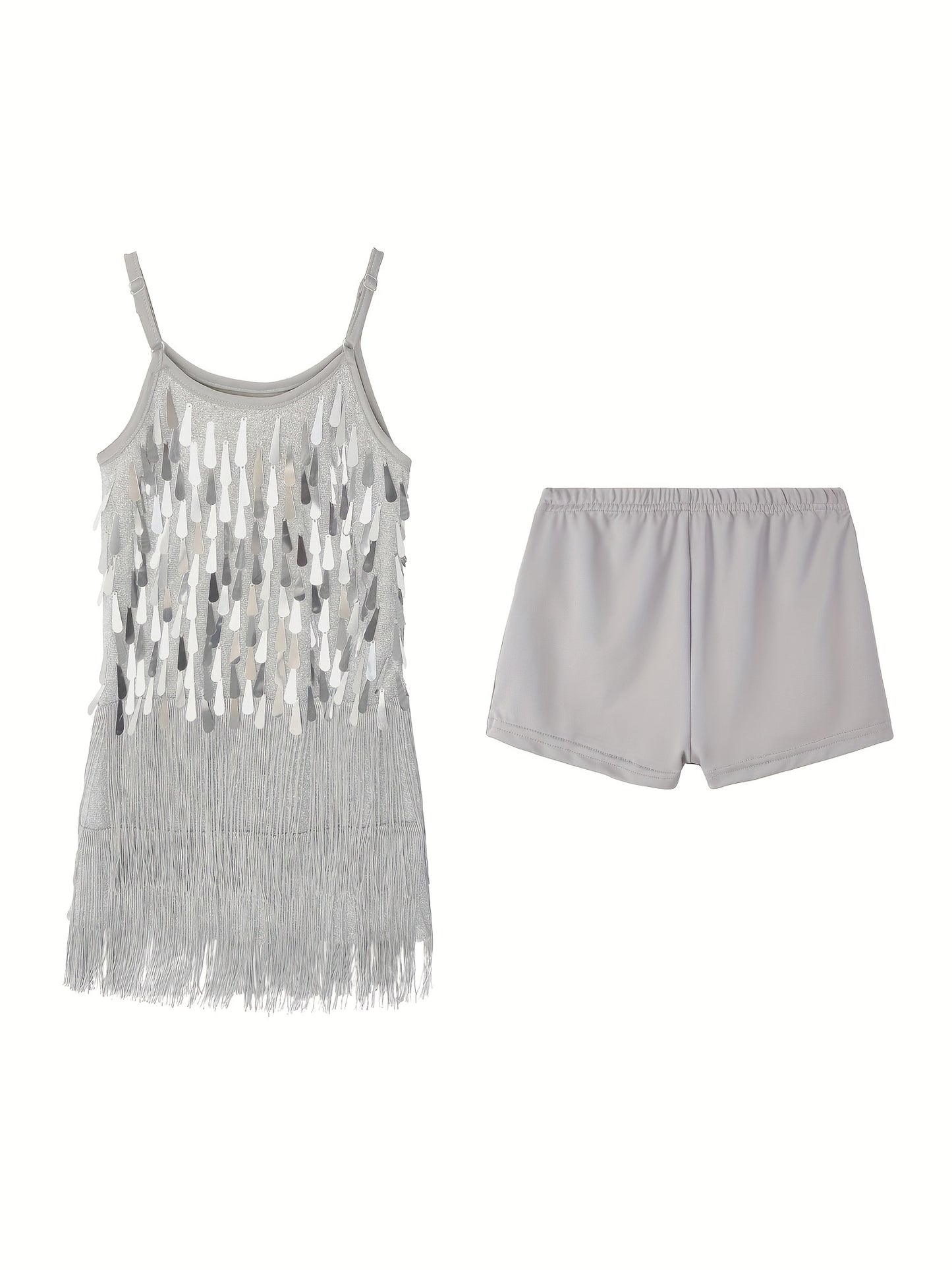 Girls Sequin Dance Dress Fringe Flapper Two-Piece Set Shiny Tassel Latin Dance Chukka Dress With Adjustable Straps And Short