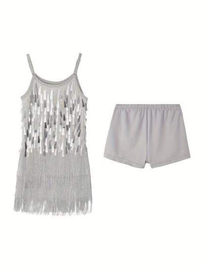 Girls Sequin Dance Dress Fringe Flapper Two-Piece Set Shiny Tassel Latin Dance Chukka Dress With Adjustable Straps And Short