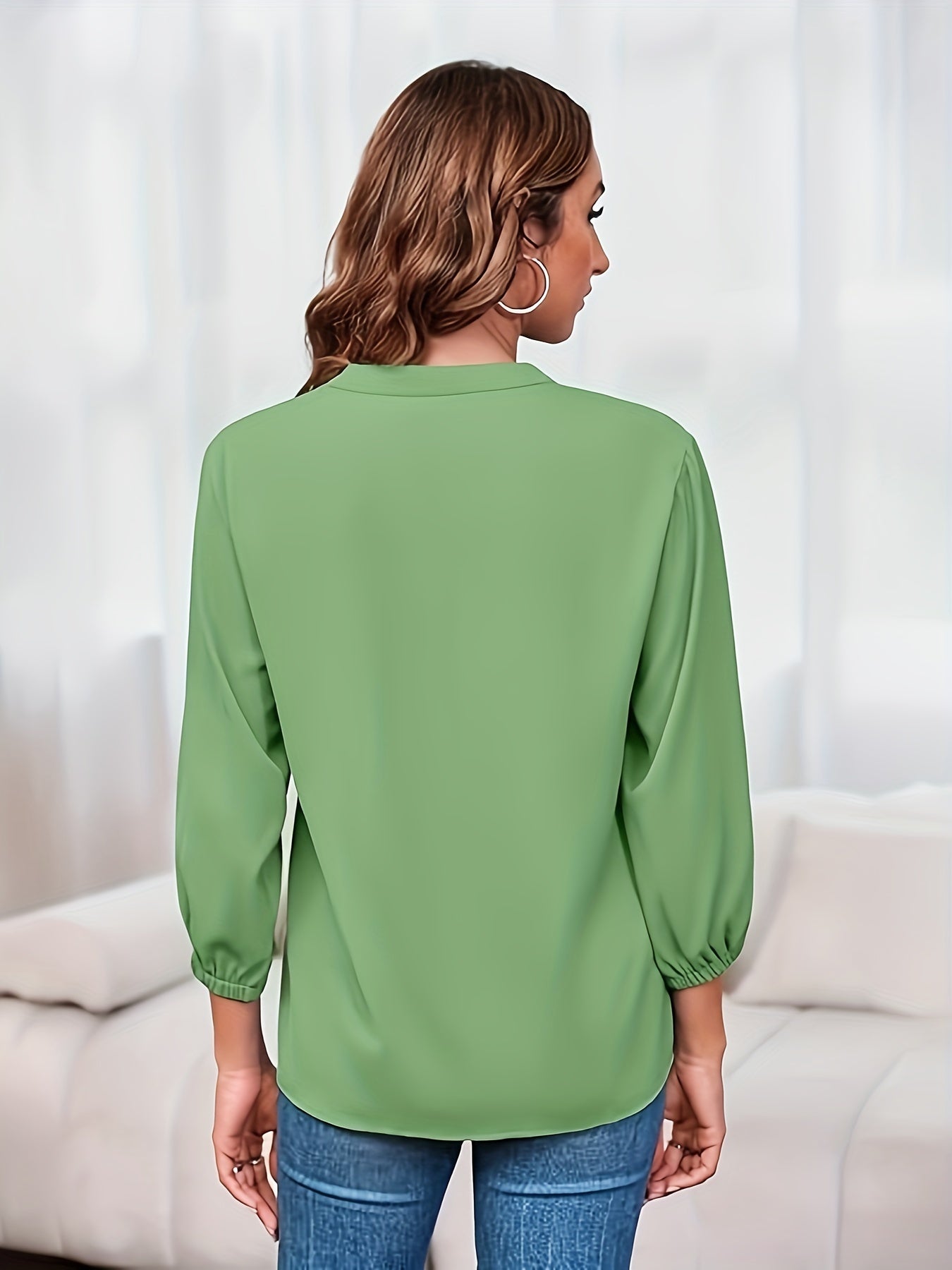 Solid Color Zipper Up Blouse, Casual V Neck Long Sleeve Blouse For Spring & Fall, Women'S Clothing
