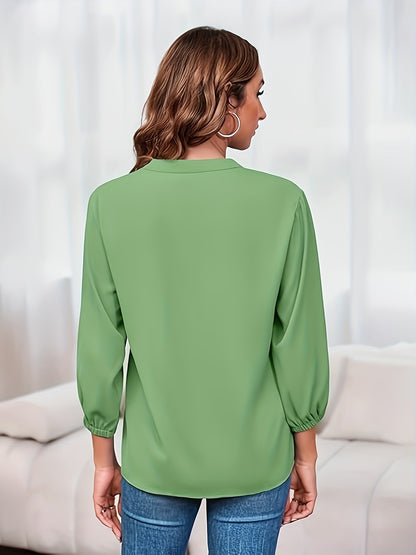 Solid Color Zipper Up Blouse, Casual V Neck Long Sleeve Blouse For Spring & Fall, Women'S Clothing