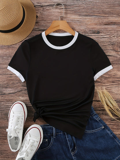 Short-Sleeved T-Shirt with Contrast Trim, a Casual Crew Neck Top Suitable for Spring And Summer, Designed for Women