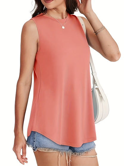 Solid Color Ladies Top 2025 Europe And The United States Fashion Casual Loose Printed Round Neck Waist Sleeveless Vest