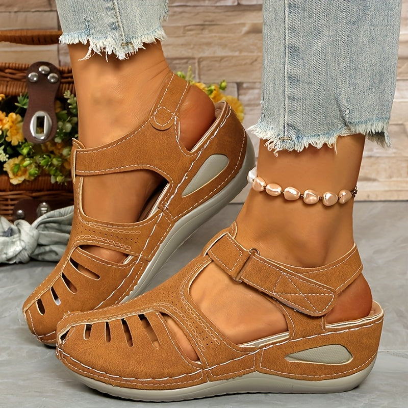 Ladies Leisure Wedge Sandals | White Synthetic Cover | Middle Heel With Round Head Hollowed Out Design | Breathable And Comfortable | Wear All Season | Easy To Buckle And Close | Durable PU Sole | Fashion Versatile Shoes And Lace-up Sandals.