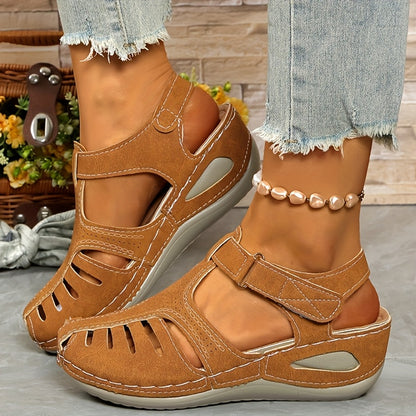Ladies Leisure Wedge Sandals | White Synthetic Cover | Middle Heel With Round Head Hollowed Out Design | Breathable And Comfortable | Wear All Season | Easy To Buckle And Close | Durable PU Sole | Fashion Versatile Shoes And Lace-up Sandals.