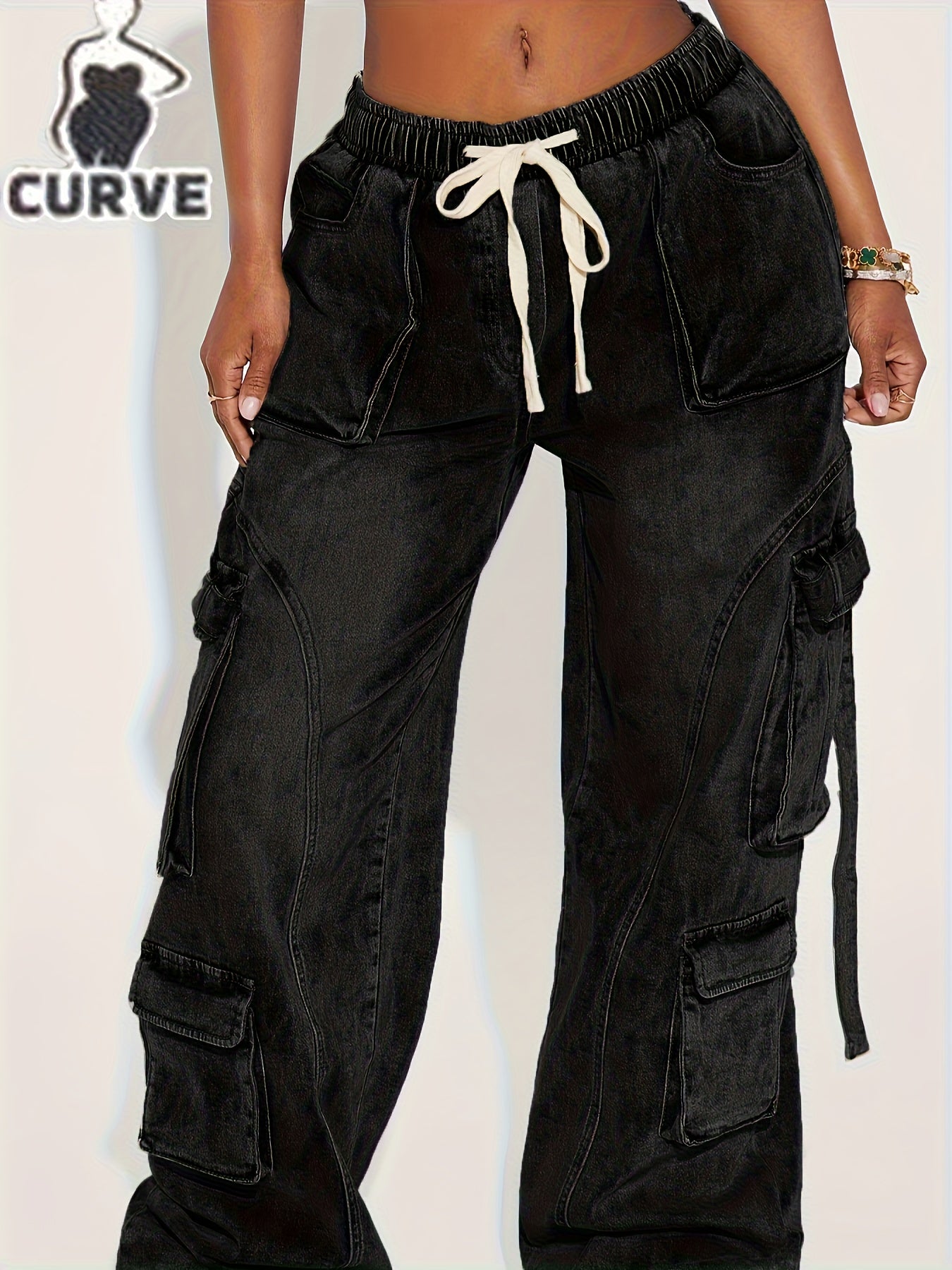 Large Sized Multi Pocket Waist And Headband with Elastic Drawstring Denim Workwear Pants