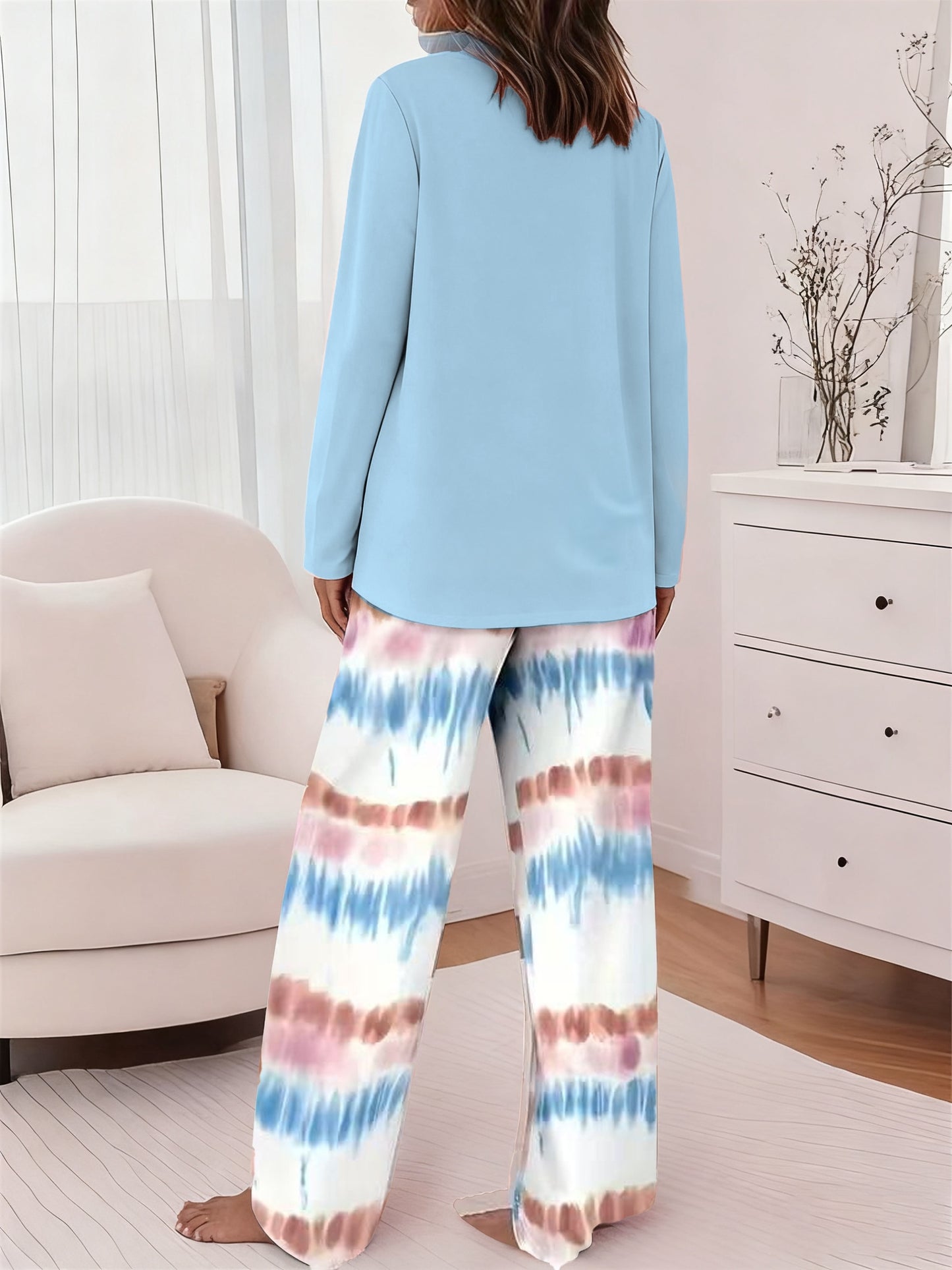 Round Neck Printed Long Sleeve Gradient Wide-leg Pants Casual Loose Two-piece Set