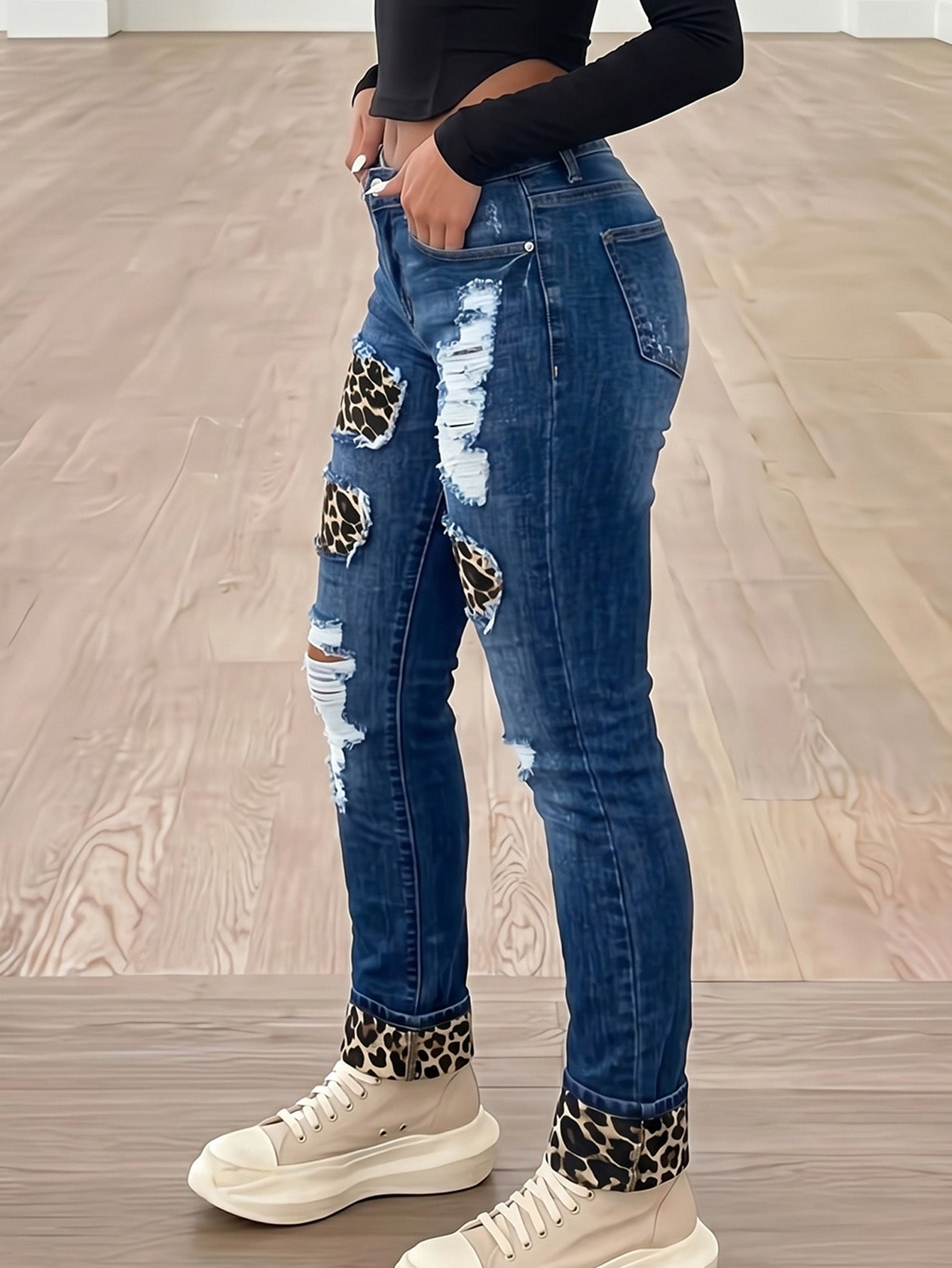 Women'S Mid- Rise Skinny Jeans with Leopard Print Patches& Ripped Details, Dark Wash, Stretchy Fabric a Flattering Fit, Edgy& Casual Styles