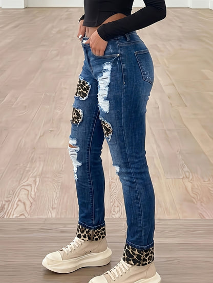 Women'S Mid- Rise Skinny Jeans with Leopard Print Patches& Ripped Details, Dark Wash, Stretchy Fabric a Flattering Fit, Edgy& Casual Styles