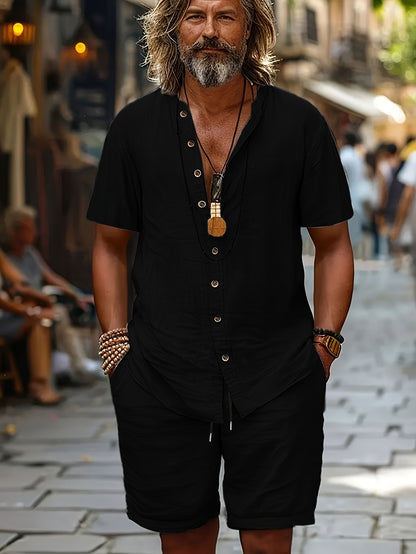 Summer Casual Fabric Men's Solid Color Short Sleeve Single-Breasted Shirt and Shorts Set