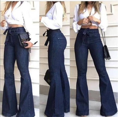 High-Waisted Slightly Stretchy Belt-Accented Flared Pants, Wide-Leg Women'S Jeans, Retro Flared Jeans, Loose-Fitting Women'S Jeans, Featuring 70S Style Ripped Design And Elastic Waistband, Suitable for Casual Or Cocktail Party Occasions