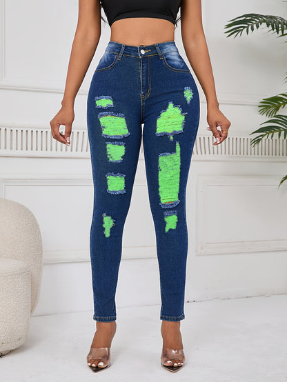 Women Distressed Jeans Women`S Waist Stretch Denim Pants Color Ripped Yellow Detail Skinny Jean for Women