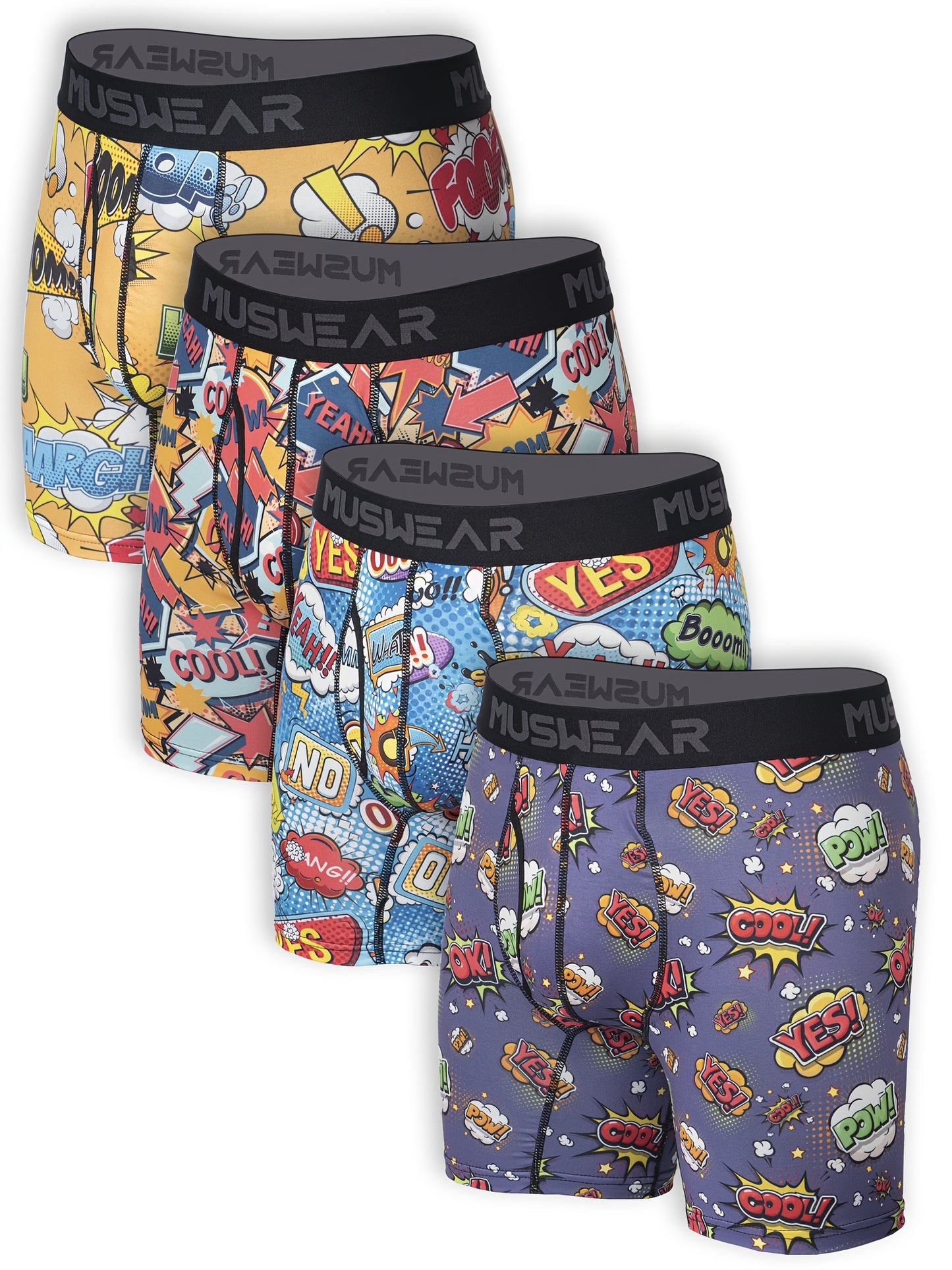 Set of 4 MUSWEAR Men's Boxer Shorts, Moisture-Wicking, Sweat-Absorbing, Side-Opening, Long Length, Print, Quick-Dry Sports Underwear in Cartoon Graffiti Comic Style.