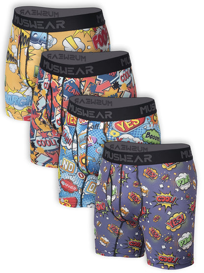Set of 4 MUSWEAR Men's Boxer Shorts, Moisture-Wicking, Sweat-Absorbing, Side-Opening, Long Length, Print, Quick-Dry Sports Underwear in Cartoon Graffiti Comic Style.