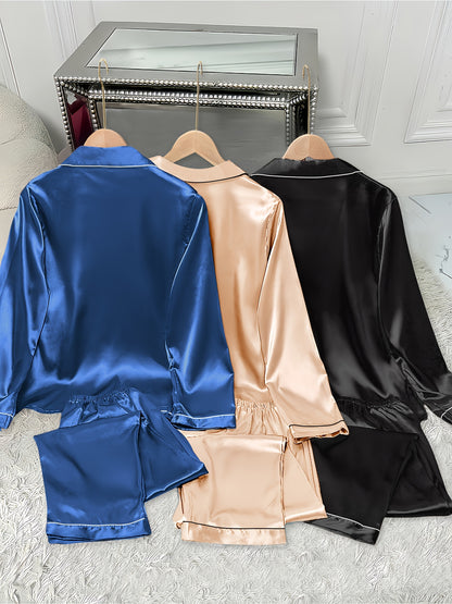 3pcs Women'S Satin Pajama Set - Casual Solid Color Long Sleeve Shirt & Elastic Waist Pants, Lapel Collar, Button Detail, Fall/Winter Sleepwear