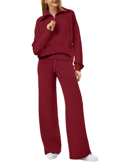 Spring/Autumn Casual Swear Set for Women, Zipper Long-Sleeve Sweatshirt and Wide-Leg Pants 2pcs Set