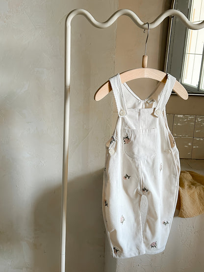 1pc Adorable Floral Embroidered Baby Girls' Overalls, Polyester Woven Regular Fit with Pockets, Comfortable Casual Outdoor Spring/Fall Outfit, for Outdoor