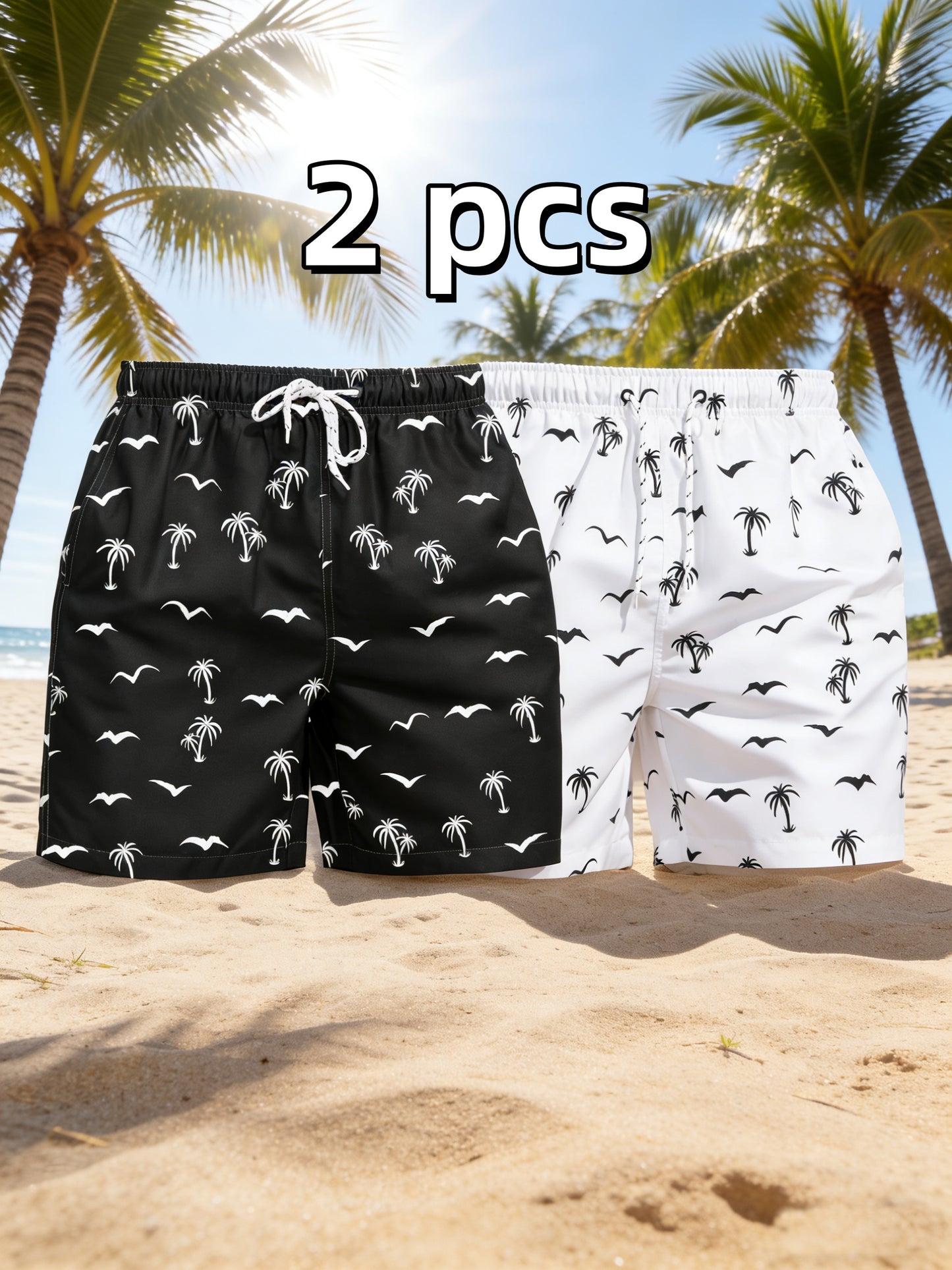 2 Pairs Of Men's Minimalist Palm Tree Seagull Silhouette Print Beach Pants, Loose-fit Quick-dry Tie-dyed Swim Shorts with Pockets for Beach Vacations And Surfing