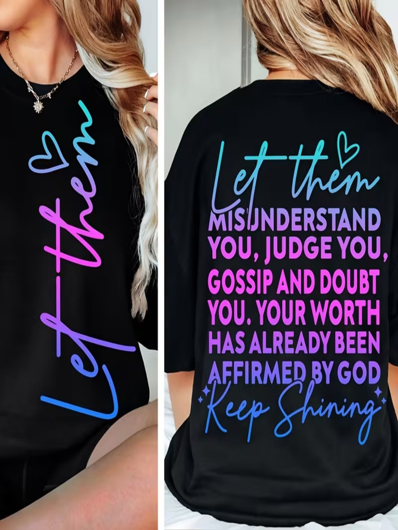 [Front and Back Double Image] Women's Casual Printed T-Shirt- 'Let Them Misunderstand' Letter Short Sleeve Round Neck Shirt, Inspirational Christian Faith Top, Loose Fit Summer Streetwear, Mental Health Theme Shirt