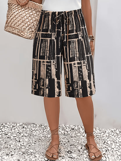 2pcs Women'S Casual Shorts Set - Black & White Abstract Print, Drawstring Waist, Lightweight, Perfect for Beach & Summer Outings, Summer Casual Wear|Abstract Print Shorts|Lightweight Shorts