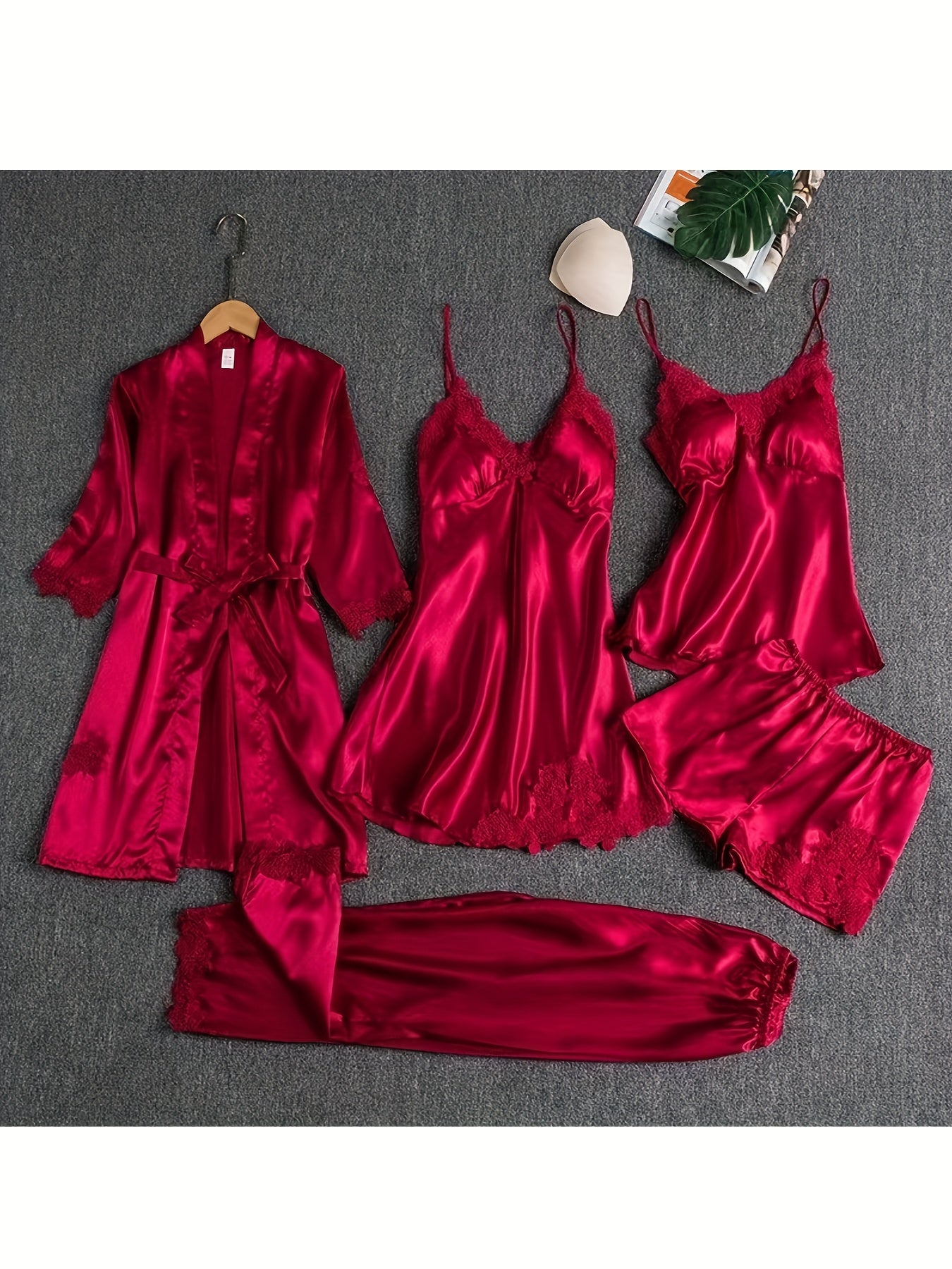 Women's Satin Pajamas 6pcs Set Long Pants Shorts Long Suspenders Short Suspenders Outer Robe Suit Sexy Mature Elegant Lingerie Lace Suspenders Large Size Nightgown Jumpsuit Suit Home Clothes