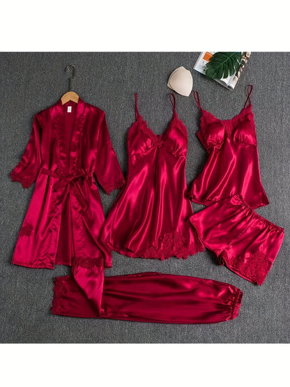Women's Satin Pajamas 6pcs Set Long Pants Shorts Long Suspenders Short Suspenders Outer Robe Suit Sexy Mature Elegant Lingerie Lace Suspenders Large Size Nightgown Jumpsuit Suit Home Clothes