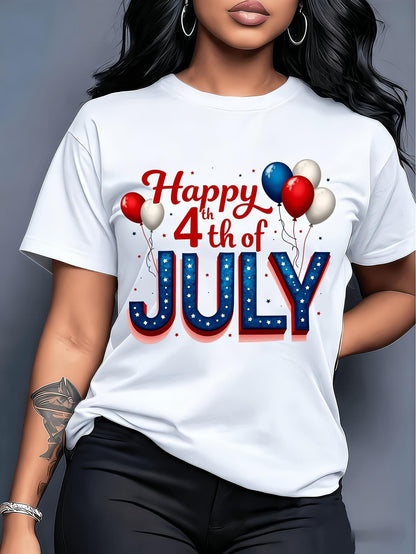 4th Of July American, USA Independence Day, Size - Plus Size - American Retro Style Happy 4Th Of July Balloon Print Short-Sleeve T-Shirt, Fresh And Stylish, For Teen, 250 USA Anniversary Clothes, 250 American Celebration Items, For Teenager