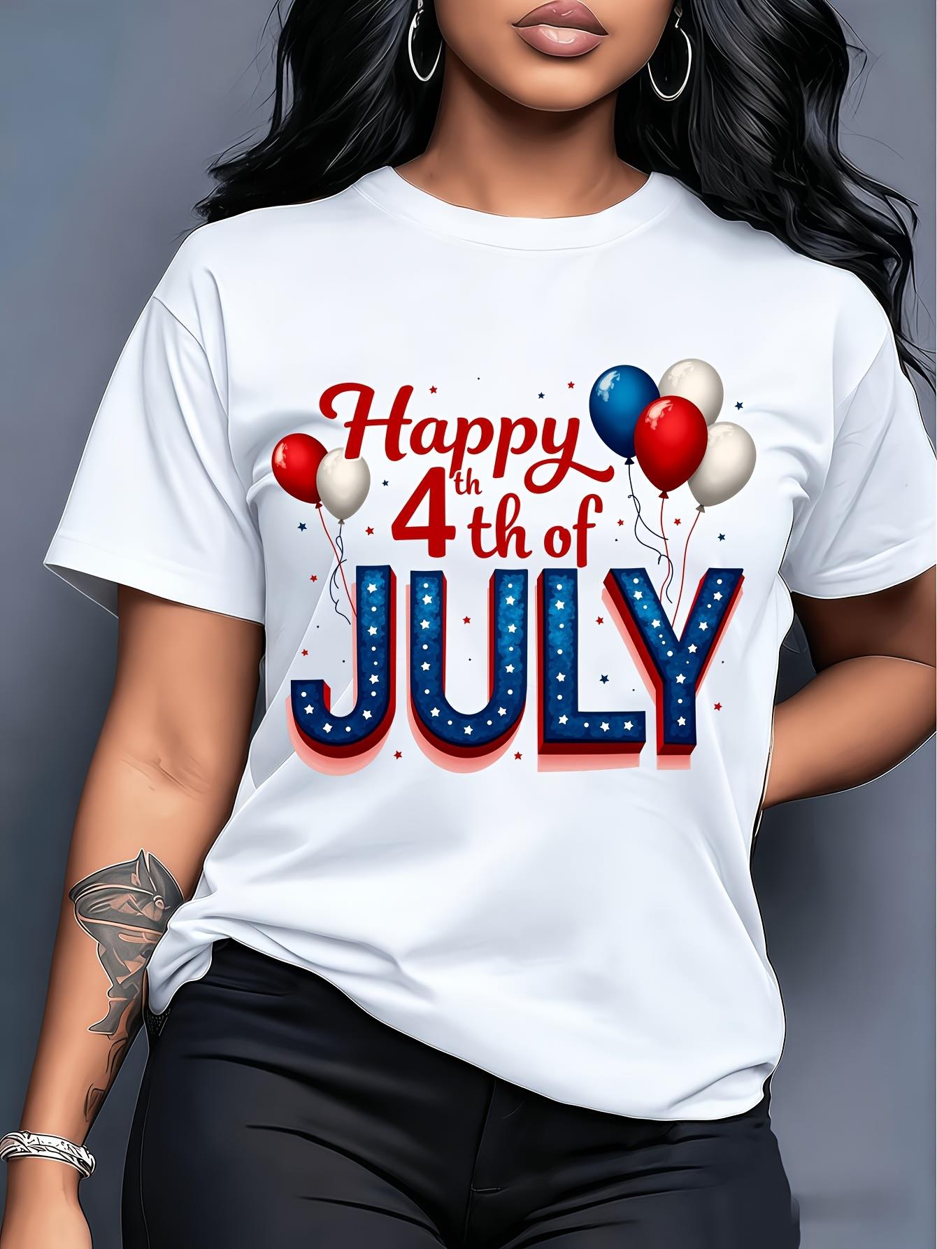 4th Of July American, USA Independence Day, Size - Plus Size - American Retro Style Happy 4Th Of July Balloon Print Short-Sleeve T-Shirt, Fresh And Stylish, For Teen, 250 USA Anniversary Clothes, 250 American Celebration Items, For Teenager
