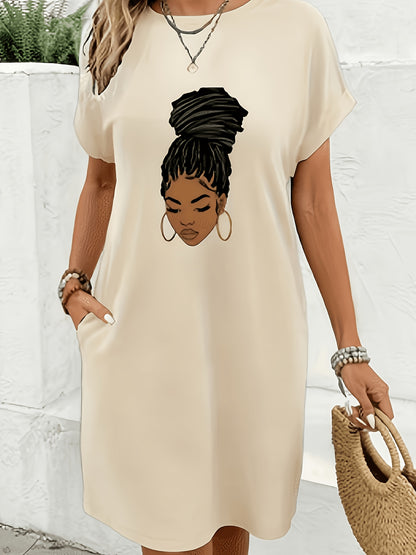 Womens Black Magic Graphic Oversized T-Shirt Dress, Casual Short Sleeve Pocket Summer Streetwear Dress