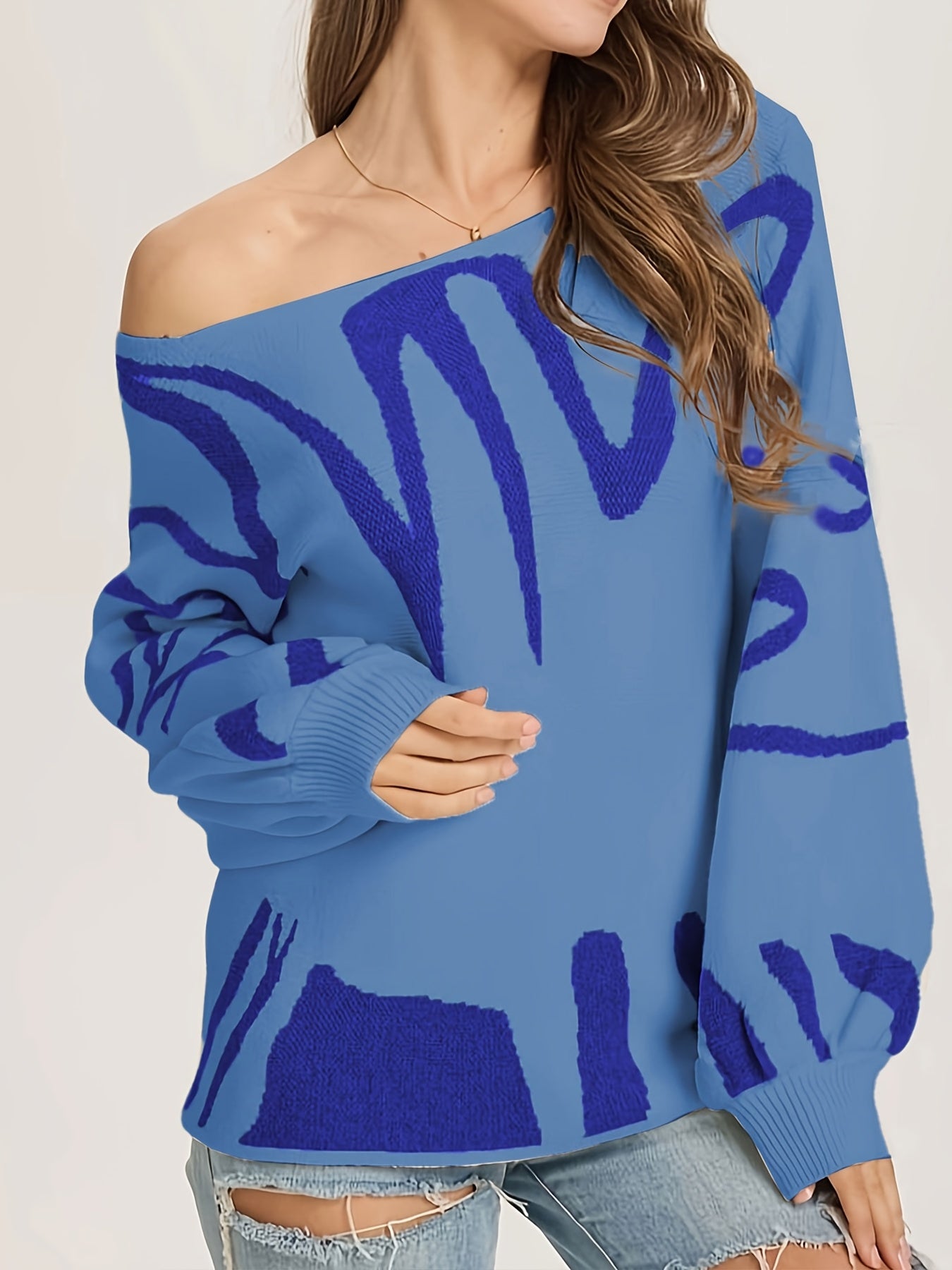 Random Pattern Boat Neck Pullover Sweater, Casual Lantern Sleeve Loose Sweater, Women's Clothing