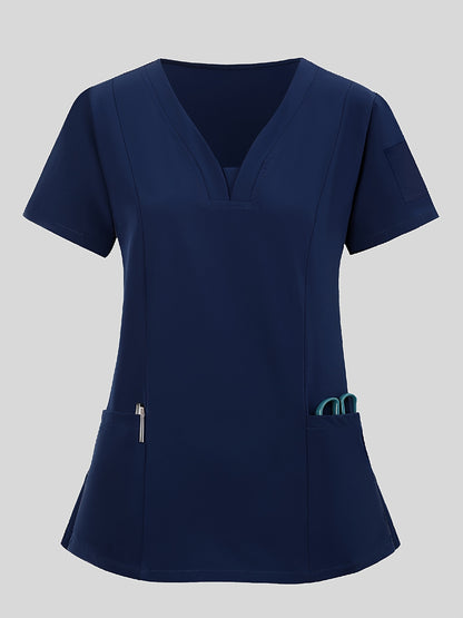 2pcs Women's Breathable V-Neck Work Uniform - Machine Washable Pocket Detail Matching Top & Pants, Casual Work Clothes Suitable for Work Uniforms, Healthcare, Education, Retail - Comfortable Professional Attire