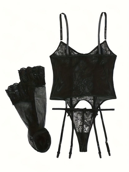 Women'S Sexy Lingerie Set with Garter Belt Lace Bodysuit Teddy Dolls Panty with Stockings, Women Teddy Lingerie Deep V Lace Lingerie Mini Babydoll Lingerie