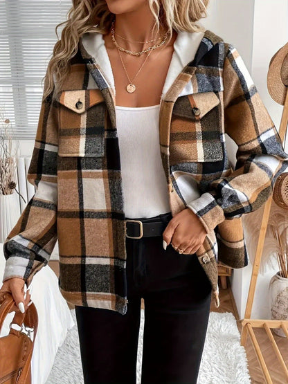 Fall & Winter Essential: Women's Plaid Hooded Jacket. Lining for Warmth, Front - Button Design, Adjustable Drawstring Hood. Washable In Brown, Red, Green, Black, Blue. Durable & Soft Fabric, Suitable for All - Day Comfort In Casual Settings.