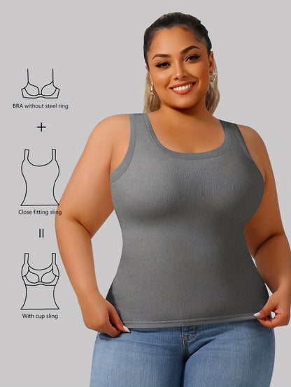 Big U Beauty 2-in-1 Backless Ribbed Base Vest with Built-In Pads & Coasters - High-Elasticity Striped Slim Fit Sleeveless Top for Plus Size Women, Casual Elegant Layering Essential
