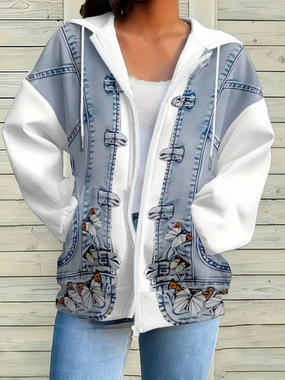 Women'S 3D All-Over Print Hooded Zip-Up, Stylish And Distinctive Design, Full-Zip Casual Long-Sleeve Sweatshirt Jacket, Machine-Washable Spring/Fall Coat, H-Shaped Cut with Full-Length Zipper Closure, Ideal for Casual Attire