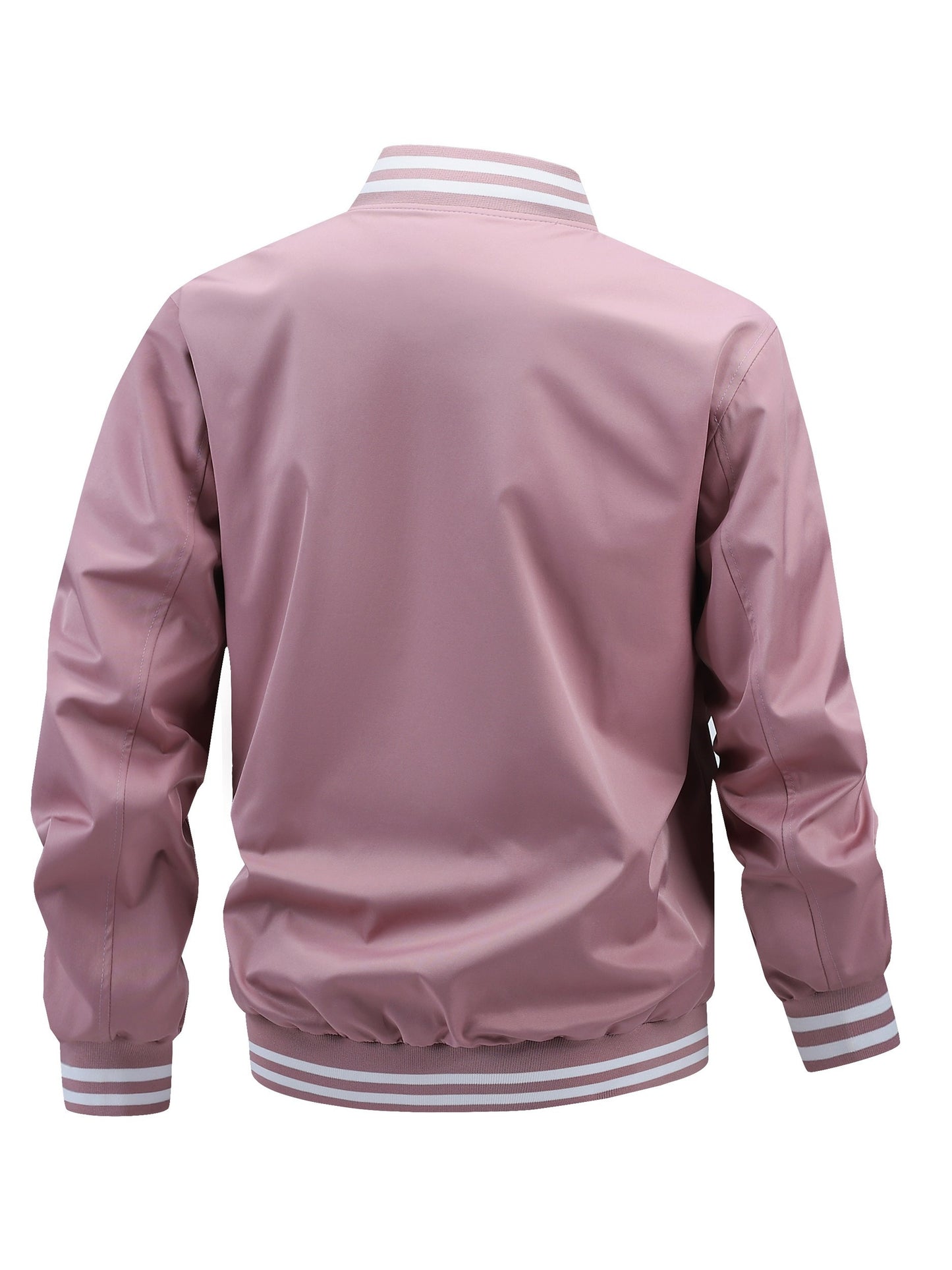 Men'S Plus Size Lightweight Varsity Jacket - Preppy Style, Baseball Collar, Button-Up, Solid Color with Striped Accents, Polyester, Machine Washable & Dry Cleanable, with Pockets, Sports Jacket|Loose Fit Jacket|Glossy Finish Jacket, PLUS SIZE
