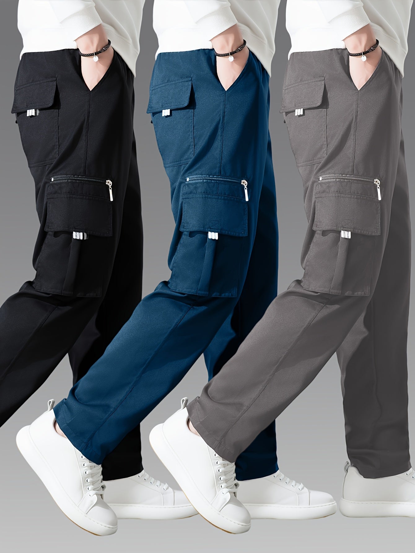 3pcs Men's Fashion Cargo Pants Casual Daily Outdoor Travel Multi-pocket Cargo Pants
